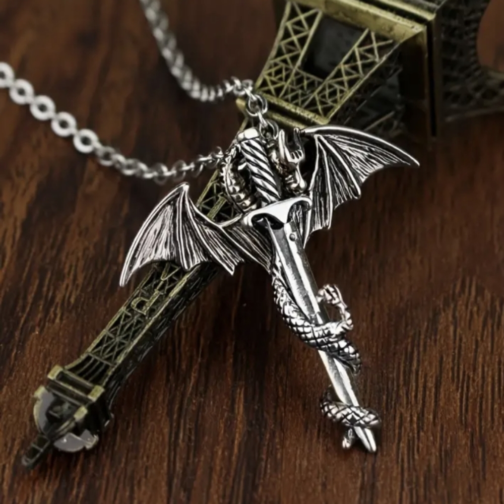 Silver Dragon with Sword Necklace
